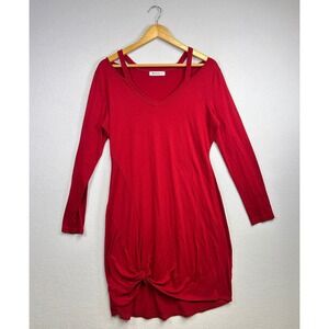 Berryyou Red Cutout Shoulder Knot Hem Long Sleeve Tunic Dress Women's L